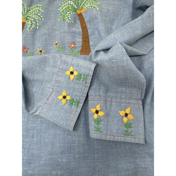 Vintage 60s/70s Hand Embroidered Chambray Shirt Palm Tree Sears Put-on Shop - Picture 5 of 14